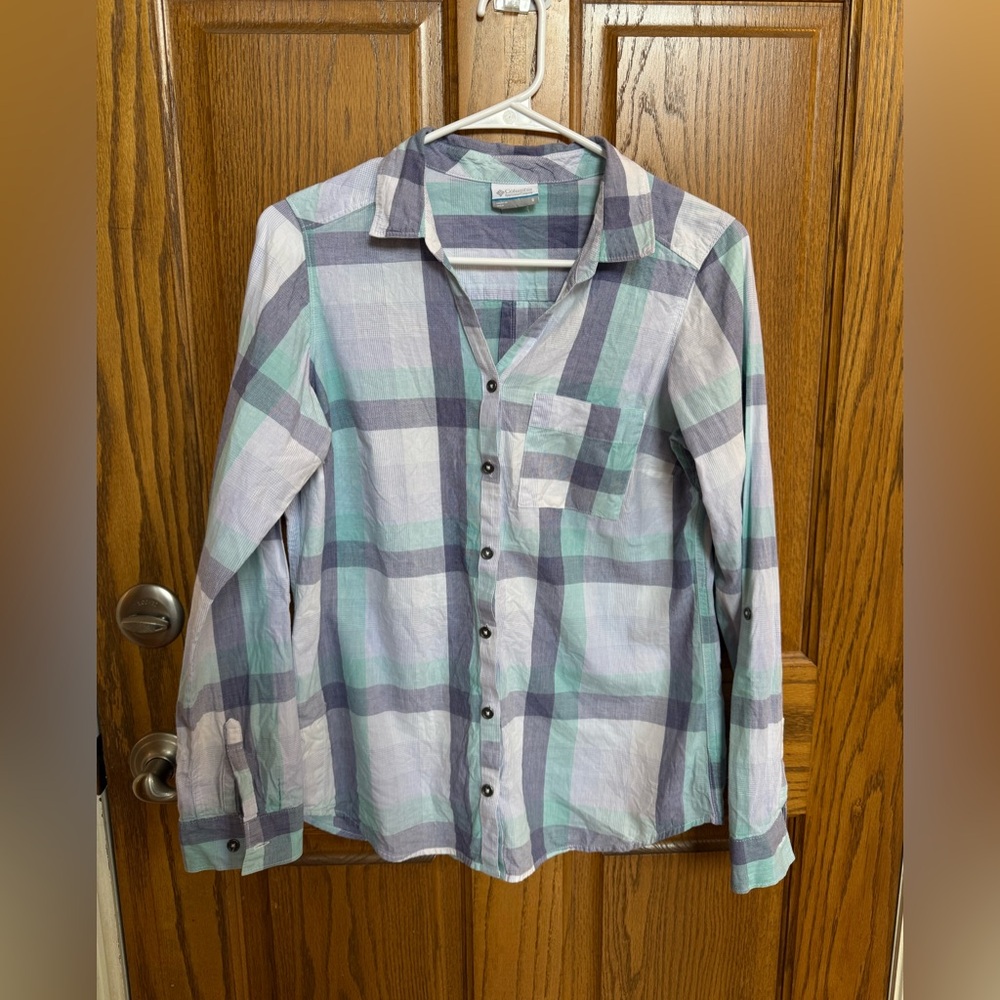 Columbia Women’s Button Down Top
- Plaid, Roll Tab Sleeves